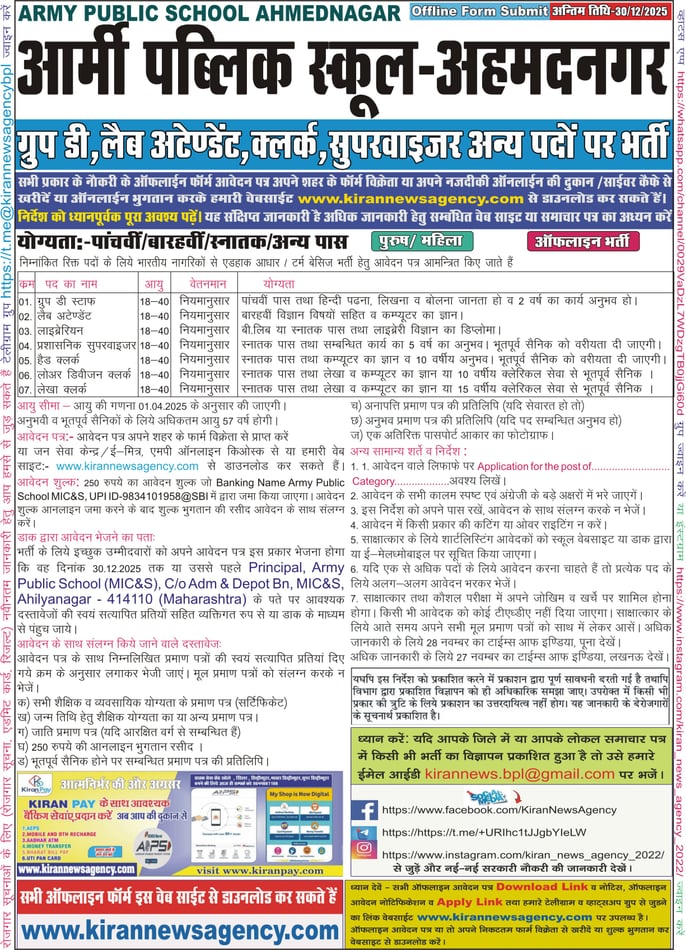 Army Public School Ahmednagar Vacancy, Bharti 2025 Form